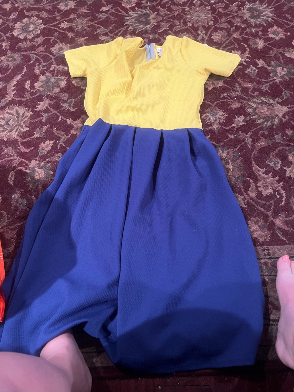 Lularoe Amelia Yellow Top Blue Skirt Colorblock Dress Size Large